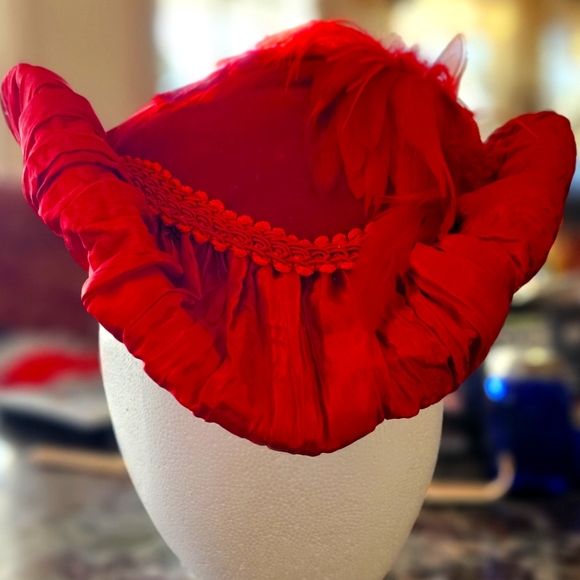 Foxley Riding Hat (Red Velvet And Feathers)  By Dragon WINGS LLC One Size Fits M - Picture 1 of 4